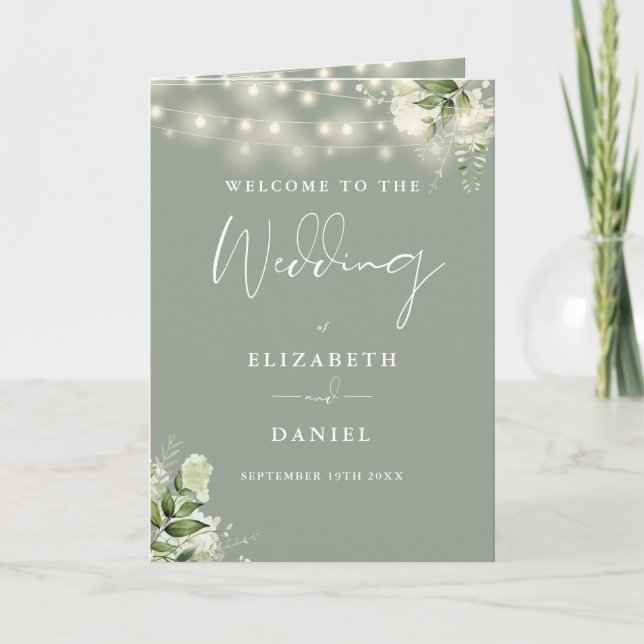 Salbeigrüne Blumen-Lichterkette Hochzeit  Programm (Vorderseite)