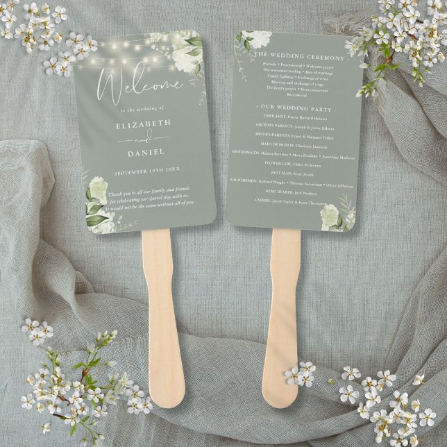 Salbeigrüne Blumen-Lichterkette Hochzeitsprogramm Fächer (Sage Green Floral String Lights Wedding Program Hand Fan)