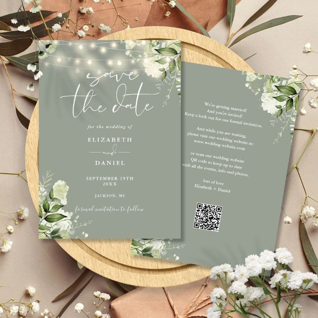 Salbeigrüne Blumen-Lichterkette QR-Code Hochzeit Save The Date (Sage Green Floral String Lights QR Code Wedding Save The Date)