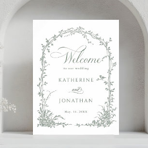 Salbeigrüne Blumenbogen-Gartenhochzeit Willkommen Poster