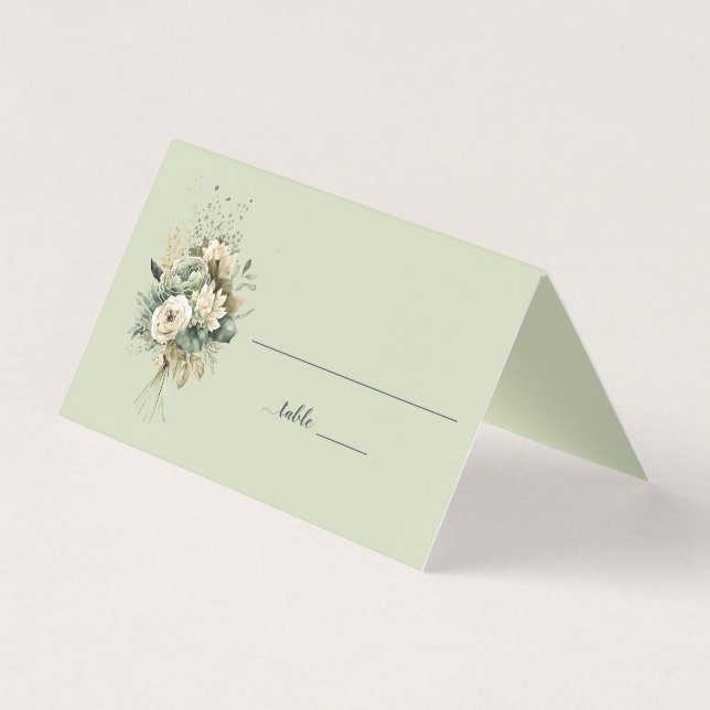 Salbeigrüne Blumige Botanische Hochzeit | Platzkar (Vorderseite)