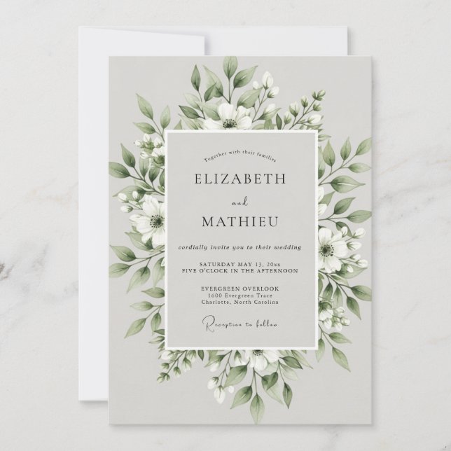 Salbeigrüne Blütenhochzeit Einladung (Vorderseite)