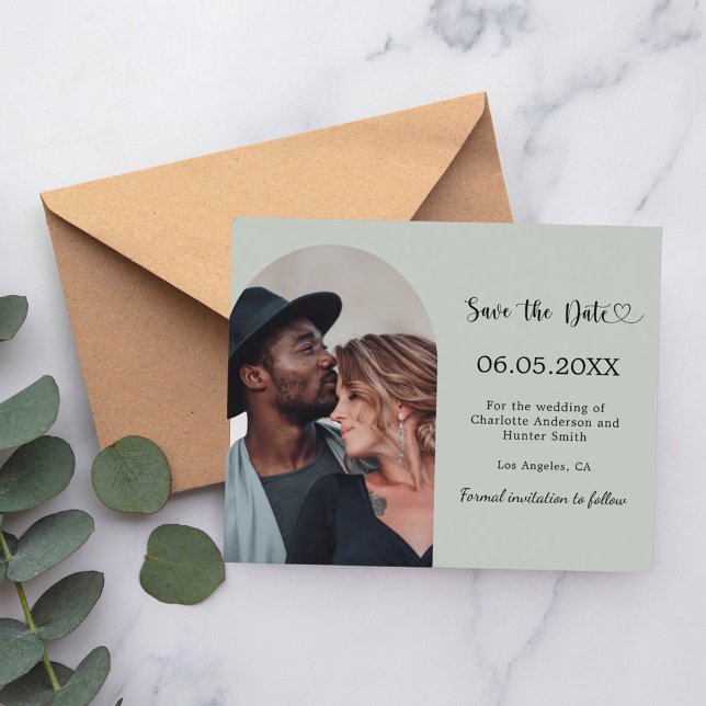 Salbeigrüne Bogen-Foto-Hochzeit Save the Date Kart (Von Creator hochgeladen)