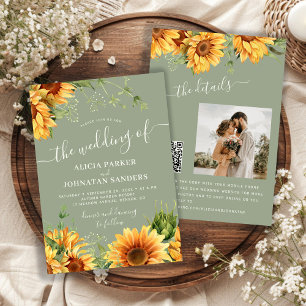 Salbeigrüne Boho-Blumen-Sonnenblumen-Hochzeit Einladung