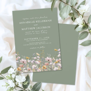 Salbeigrüne Boho-Wildblumen-Hochzeit Einladung