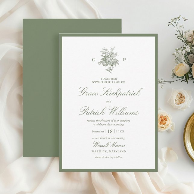 Salbeigrüne Border-Klassiker-Monogramm-Hochzeit Einladung (Von Creator hochgeladen)