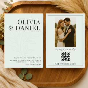 Salbeigrüne Botanische Boho-Foto-QR-Code-Hochzeit Einladung