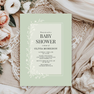 Salbeigrüne Botanische Florale Babyparty Einladung