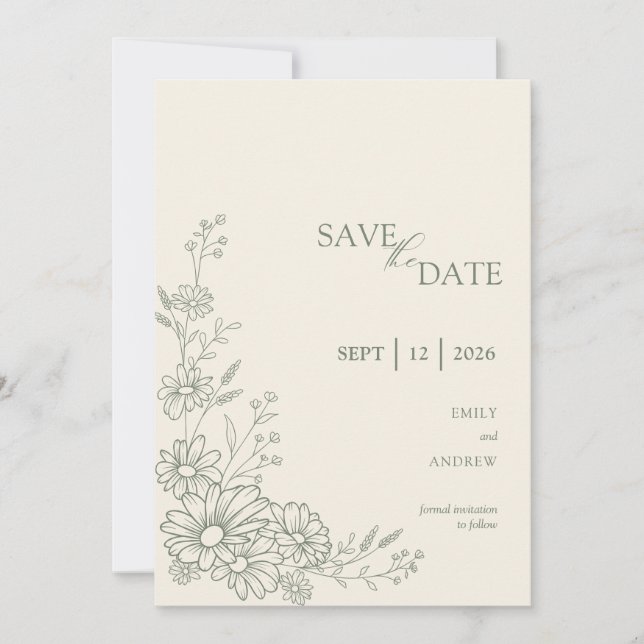 Salbeigrüne Botanische Gänseblümchen-Garten-Hochze Save The Date (Vorderseite)