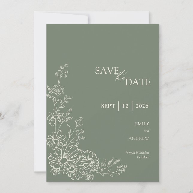 Salbeigrüne Botanische Gartenehe mit Chic-Daisy Save The Date (Vorderseite)