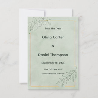Salbeigrüne Botanische Hochzeitseinladungskarte zu Save The Date
