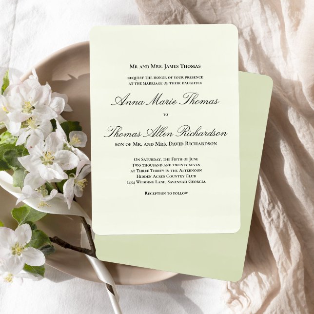 Salbeigrüne Botanische Klassische Formelle Schreib Einladung (Classic formal sage green invitation with elegant script and timeless layout.)