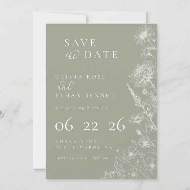 Salbeigrüne Botanische Minimale Hochzeit Save the  (Vorderseite)