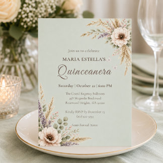 Salbeigrüne botanische Quinceañera Einladung