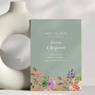 Salbeigrüne bunte Wasserfarben-Blumen-Hochzeit Save The Date
