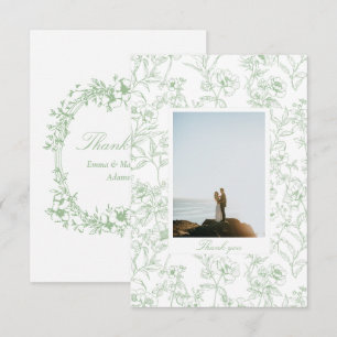 Salbeigrüne Chinoiserie Blumen Hochzeitsfoto Dankeskarte
