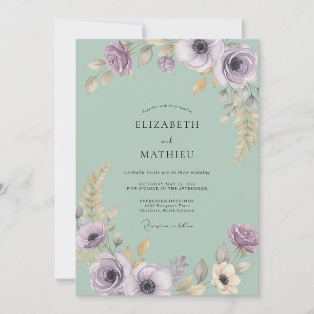 Salbeigrüne elegante florale Hochzeit Einladung (Vorderseite)