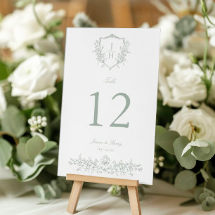 Salbeigrüne elegante Regency-Blumenwappen-Hochzeit Tischnummer