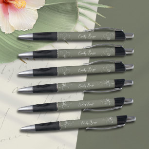Salbeigrüne Elfenbein-Blumen Linienkunst Minimalis Kugelschreiber