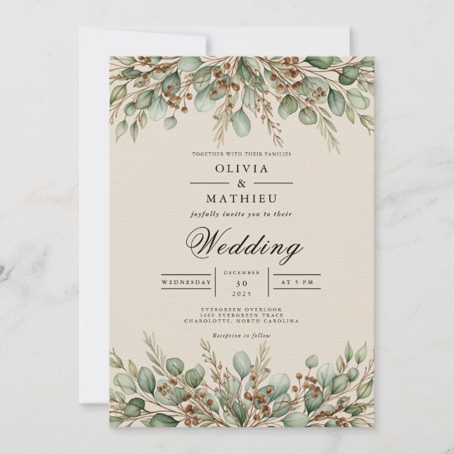 Salbeigrüne Erdig-Eukalyptus-Hochzeit Einladung (Vorderseite)