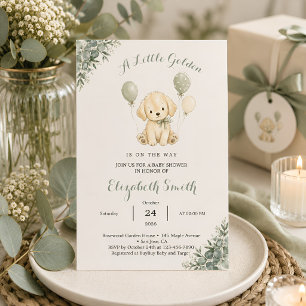 Salbeigrüne Eukalyptus-Baby-Party Golden Retriever Einladung