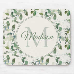 Salbeigrüne Eukalyptusblätter Creme Monogramm Name Mousepad