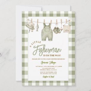 Salbeigrüne Fischerei-Gingham-Baby-Party Einladung