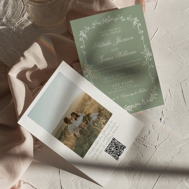 Salbeigrüne Florale Boho-Chic-Foto-QR-Code-Hochzei Einladung (Von Creator hochgeladen)