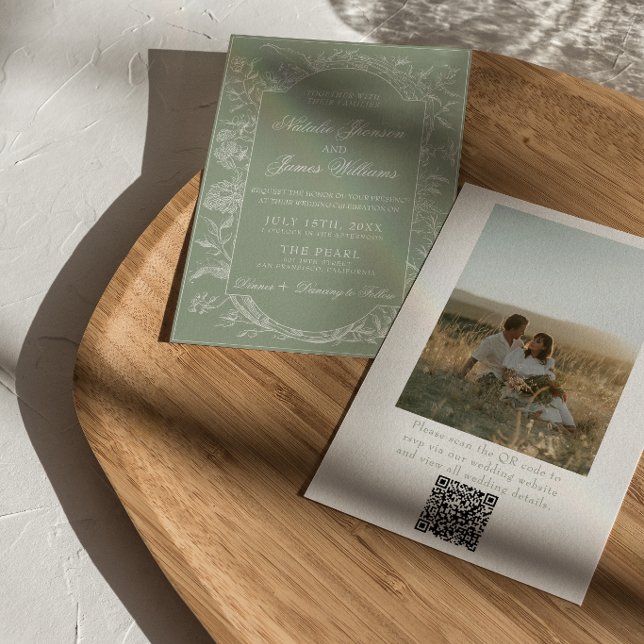 Salbeigrüne Florale Boho QR Code Foto Hochzeit Einladung (Von Creator hochgeladen)