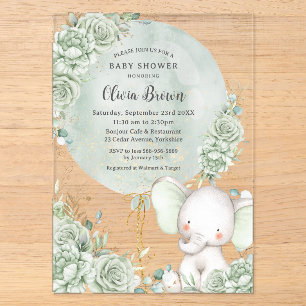 Salbeigrüne florale Elefanten neutrale Babyparty Acryleinladungen