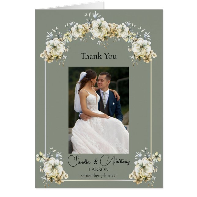 Salbeigrüne florale Foto-Hochzeit Danke (Vorne)
