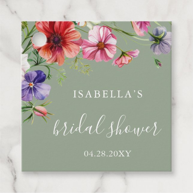 Salbeigrüne Florale Hochzeitsdusche Geschenkanhänger (Vorderseite)