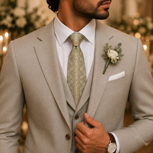 Salbeigrüne Florale Jacquard-Hochzeit Krawatte (Von Creator hochgeladen)
