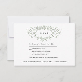 Salbeigrüne Florale Line-Art-Hochzeitsantwortkarte RSVP Karte