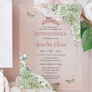 Salbeigrüne Florale Roségoldene Quinceañera-Geburt Acryleinladungen