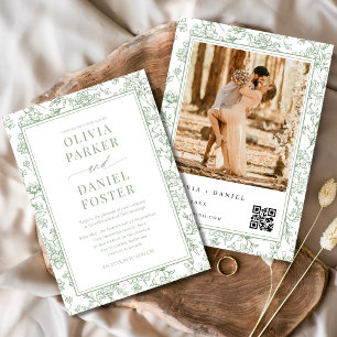 Salbeigrüne französische Blumen-Foto-QR-Code  Einladung
