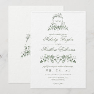 Salbeigrüne französische florale Wappen-Hochzeit Einladung