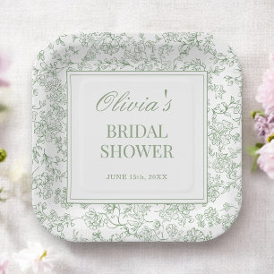 Salbeigrüne französische vintage Blumen-Brautparty Pappteller