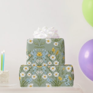 Salbeigrüne Gänseblümchen-Wildblumen-Landhausstil- Geschenkpapier
