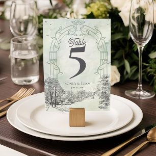 Salbeigrüne Gartenbogen-Hochzeitstischnummer Dankeskarte