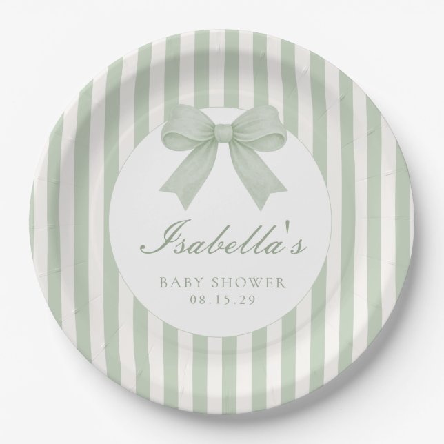Salbeigrüne gestreifte Babyparty  Pappteller (Vorderseite)