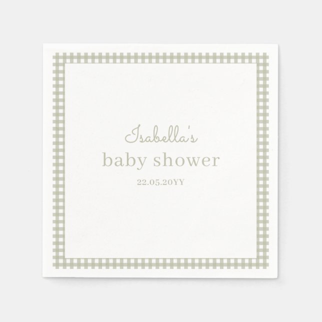 Salbeigrüne Gingham-Baby-Party Serviette (Vorderseite)