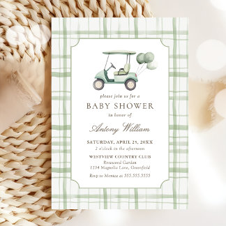 Salbeigrüne Gingham-Golf-Baby-Shower-Einladung Einladung