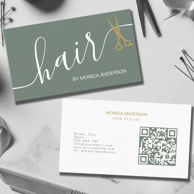 Salbeigrüne Gold Haar Schrift Schere QR Code Visitenkarte (Sage Green Gold Hair Script Scissors QR Code Business Card)