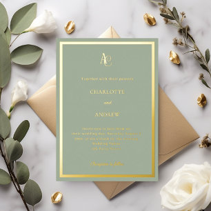 Salbeigrüne Goldmonogramm-Luxushochzeit Folieneinladung