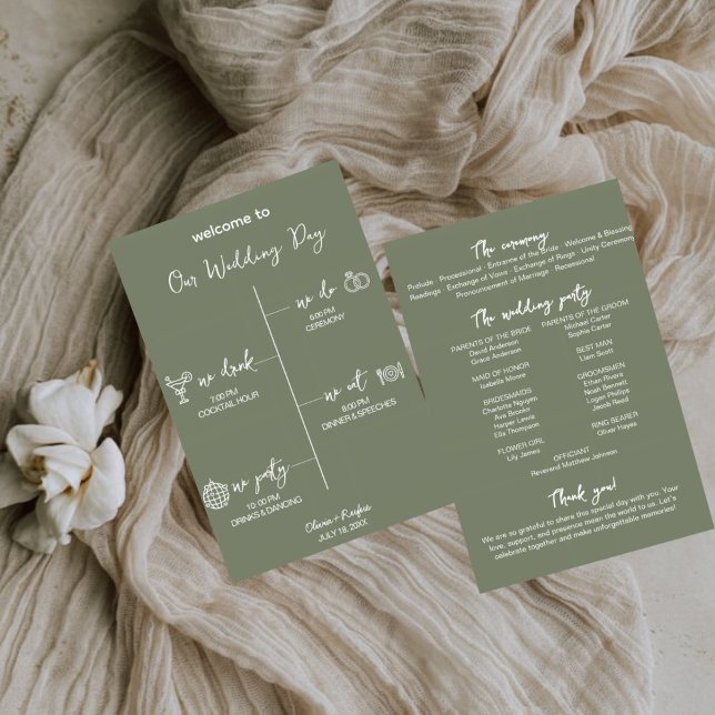 Salbeigrüne Hochzeitsprogrammkarte - bearbeitbare  Programm (Von Creator hochgeladen)