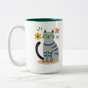 Salbeigrüne Katze Boho-Blumen Mid-Century-Art Zweifarbige Tasse