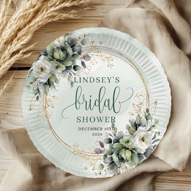 Salbeigrüne Laubhochzeitspapierplatten Pappteller (Sage Green Foliage Bridal Shower Paper Plates)