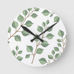 Salbeigrüne Laubzweige Botanische Wasserfarbe Runde Wanduhr
