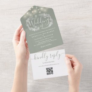 Salbeigrüne Lichterkette QR-Code Hochzeit All In One Einladung